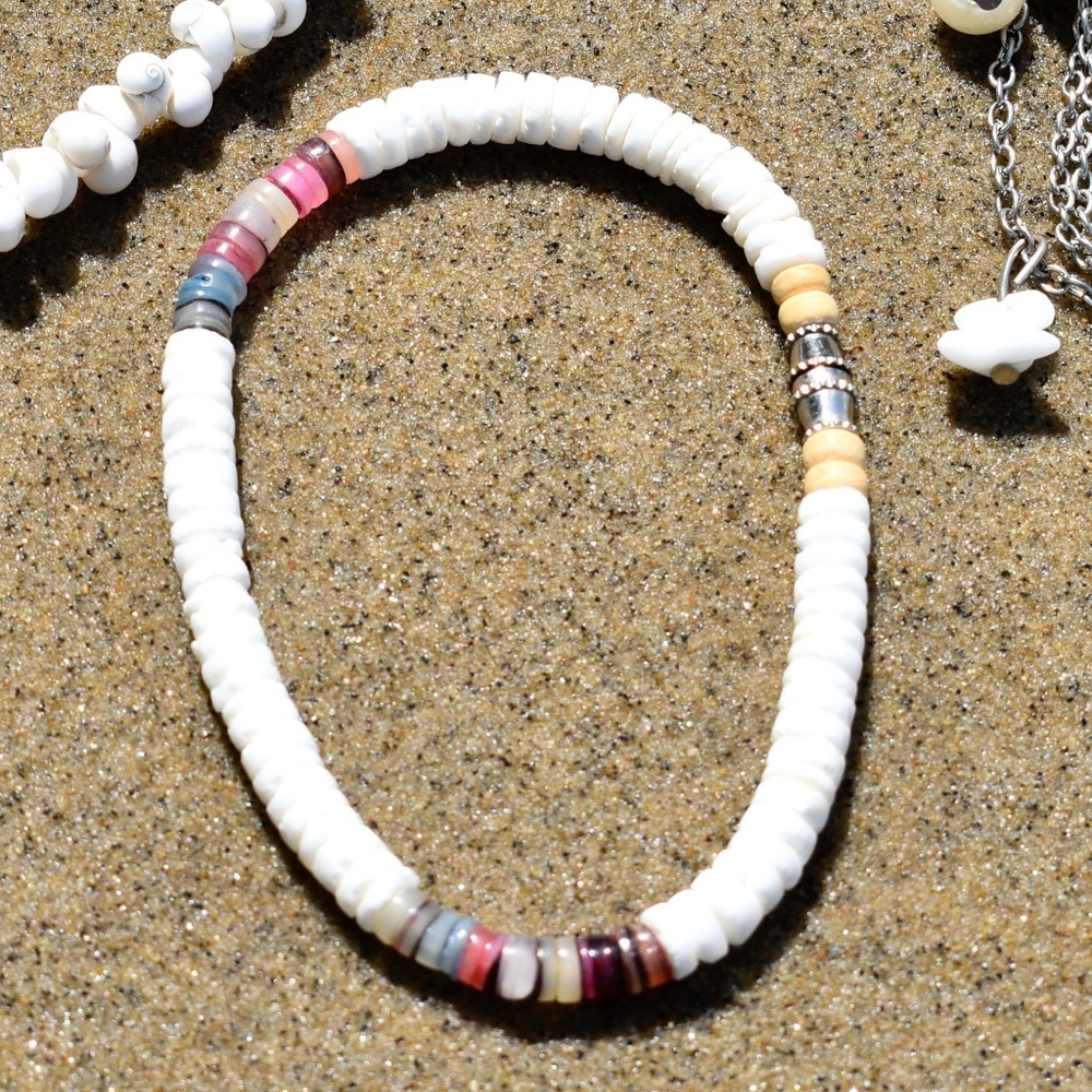 White Beaded Chocker, Puma Shell Bracelet & Silver Shell Adjustable Anklet Set